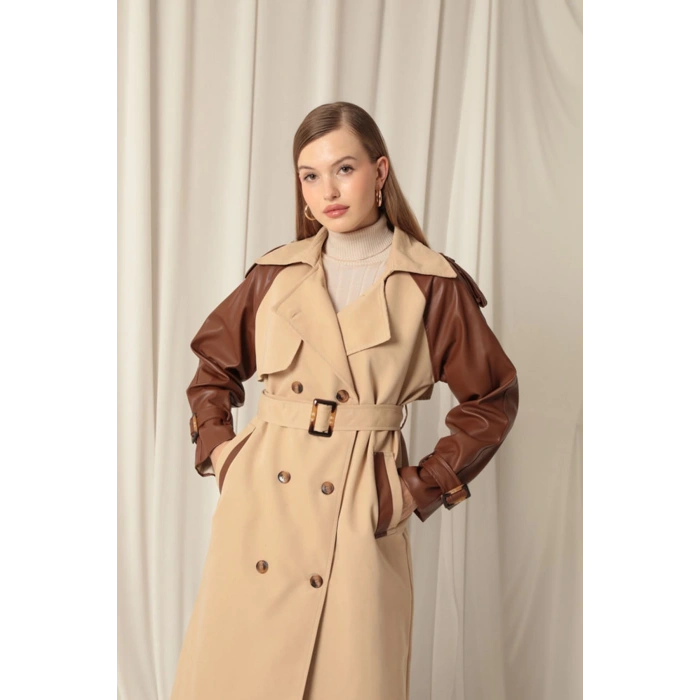 Dokuma Kumaş Deri Garnili Kadın Bej Trenckot