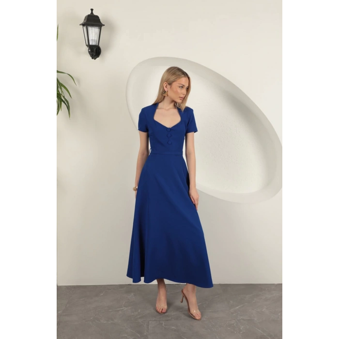 Double Atlas Kumaş Kemerli Elbise-Saks