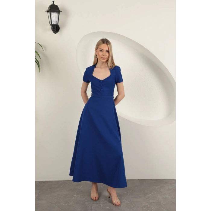 Double Atlas Kumaş Kemerli Elbise-Saks