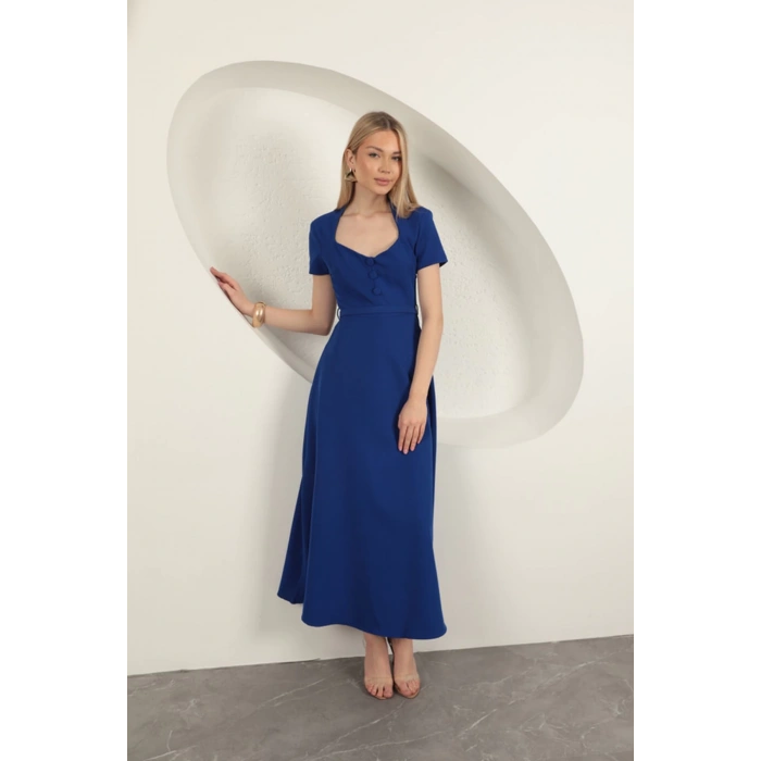 Double Atlas Kumaş Kemerli Elbise-Saks