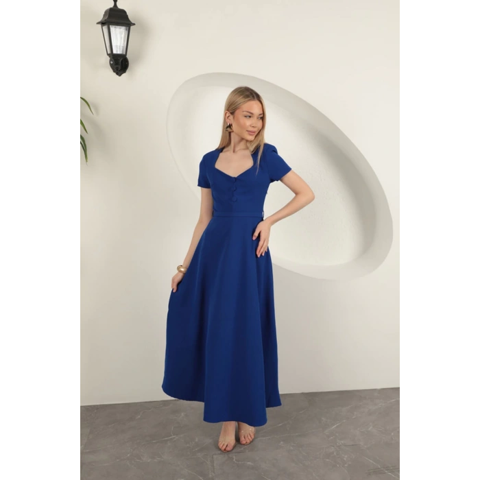 Double Atlas Kumaş Kemerli Elbise-Saks