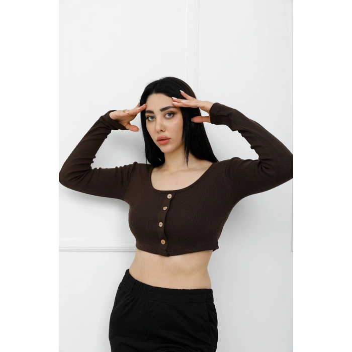 Düğmeli Mini Crop Bady Kahve - P-020494