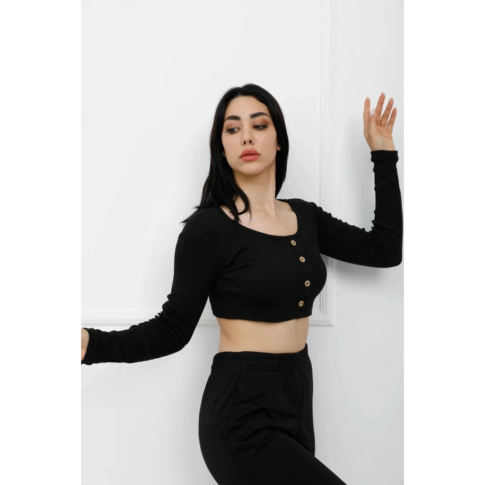 Düğmeli Mini Crop Bady Siyah - P-020494