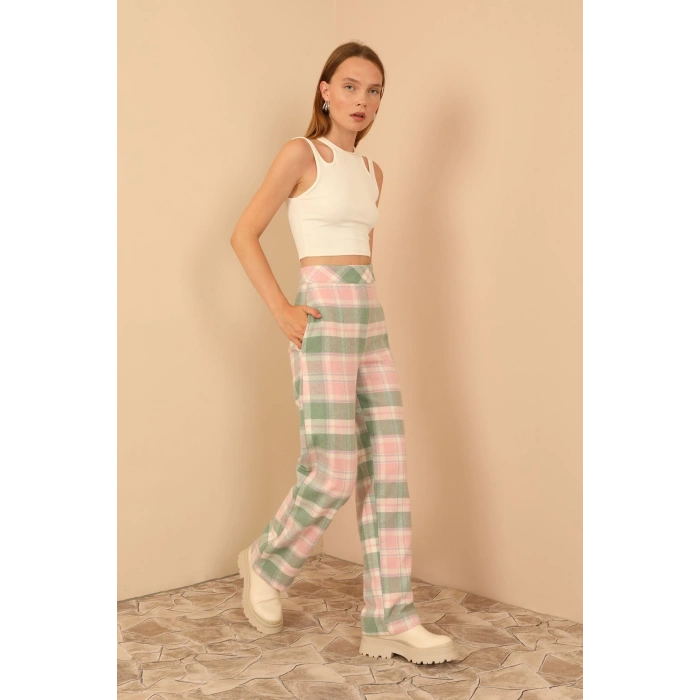 Ekose Kumaş Rahat Kalıp Kadın Pantolon-Pembe