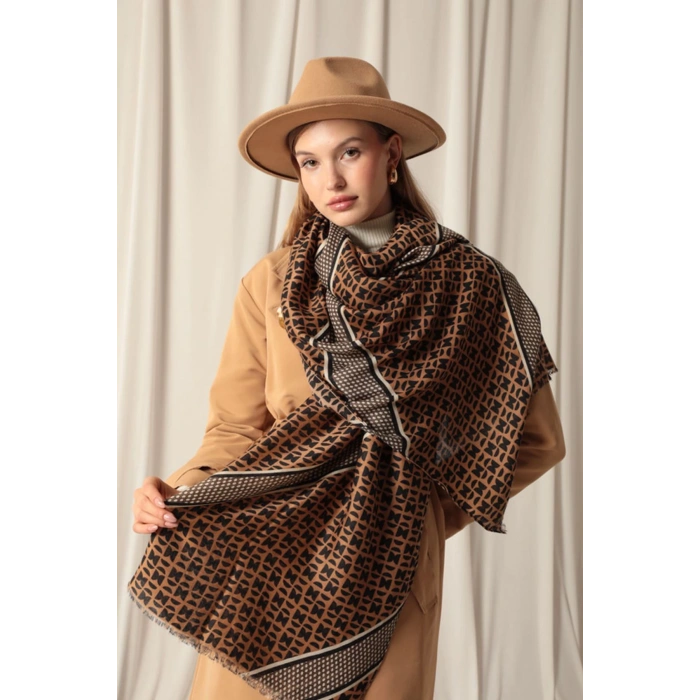 Etnik Desenli Kadın Kahve Şal