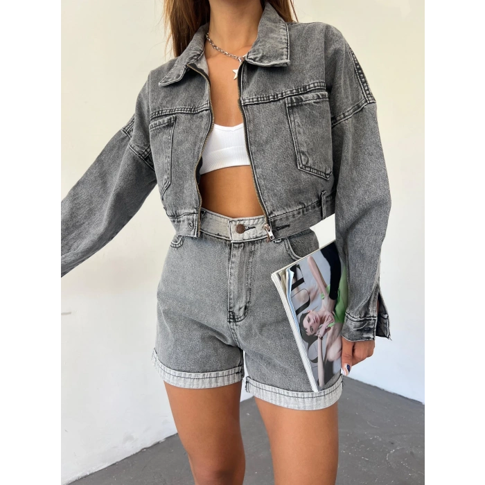 Fermuarlı Çift Cepli Denim Ceket