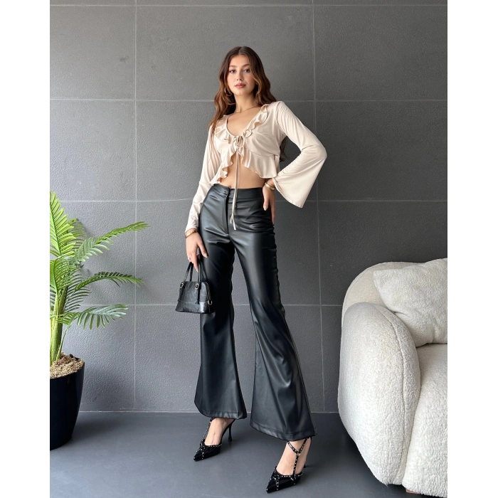 Fırfır Detaylı Önü Bağlamalı Crop Bluz