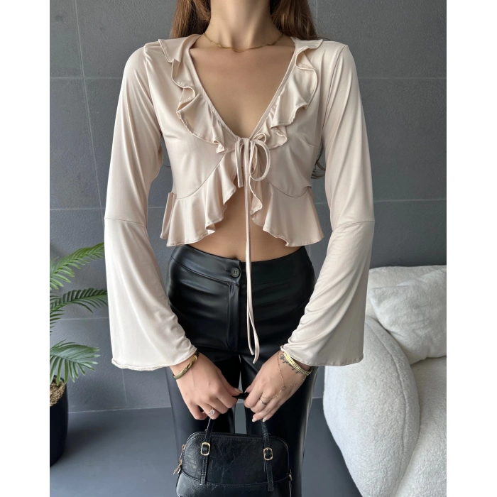 Fırfır Detaylı Önü Bağlamalı Crop Bluz