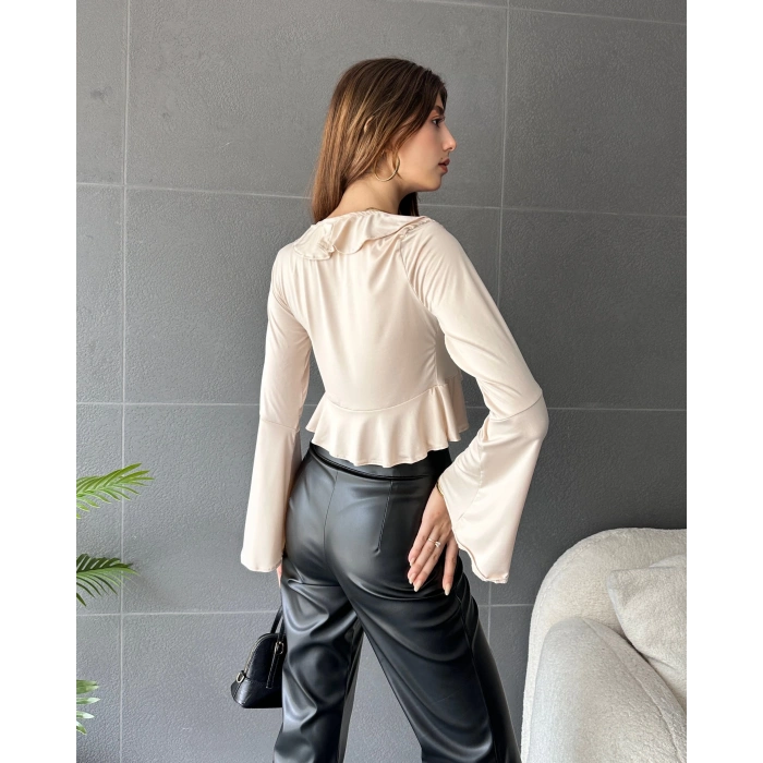 Fırfır Detaylı Önü Bağlamalı Crop Bluz