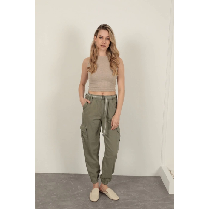 Gabardin Kumaş Kemerli Kargo Kadın Pantolon-Haki
