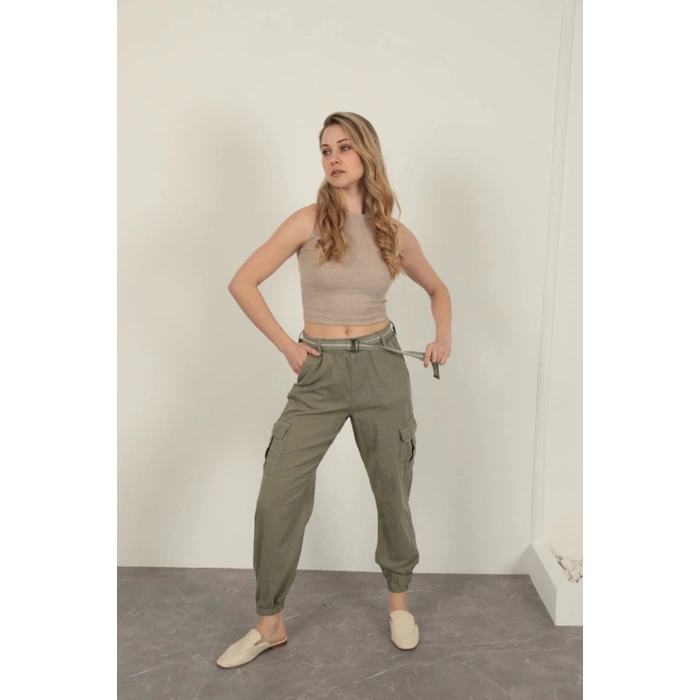 Gabardin Kumaş Kemerli Kargo Kadın Pantolon-Haki