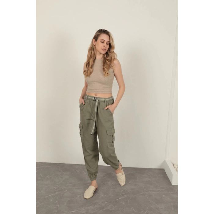 Gabardin Kumaş Kemerli Kargo Kadın Pantolon-Haki