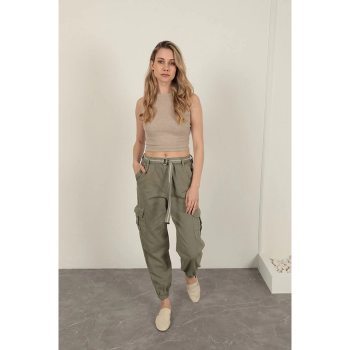Gabardin Kumaş Kemerli Kargo Kadın Pantolon-Haki