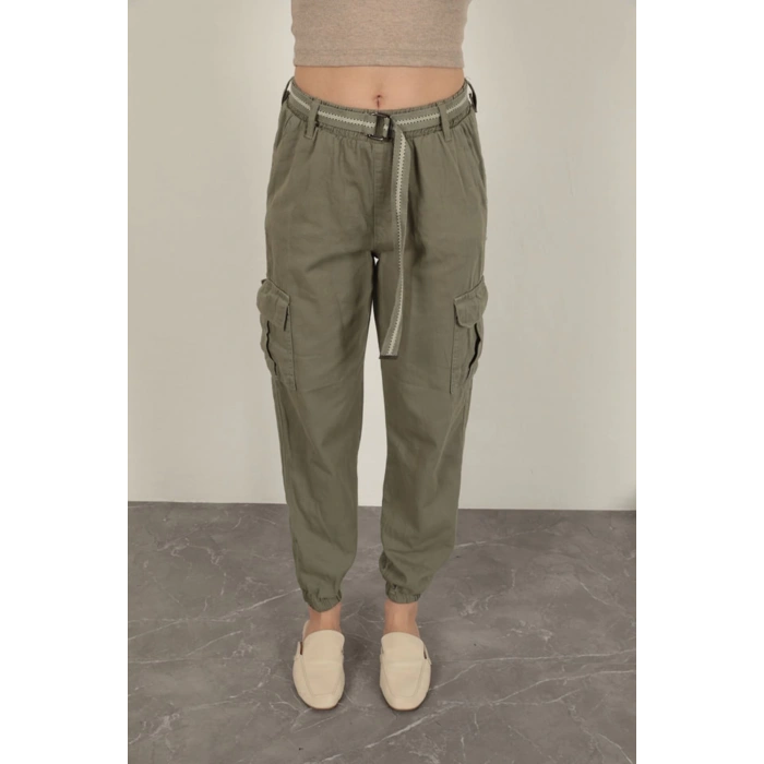 Gabardin Kumaş Kemerli Kargo Kadın Pantolon-Haki