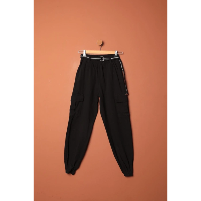 Gabardin Kumaş Kemerli Kargo Kadın Pantolon-Siyah