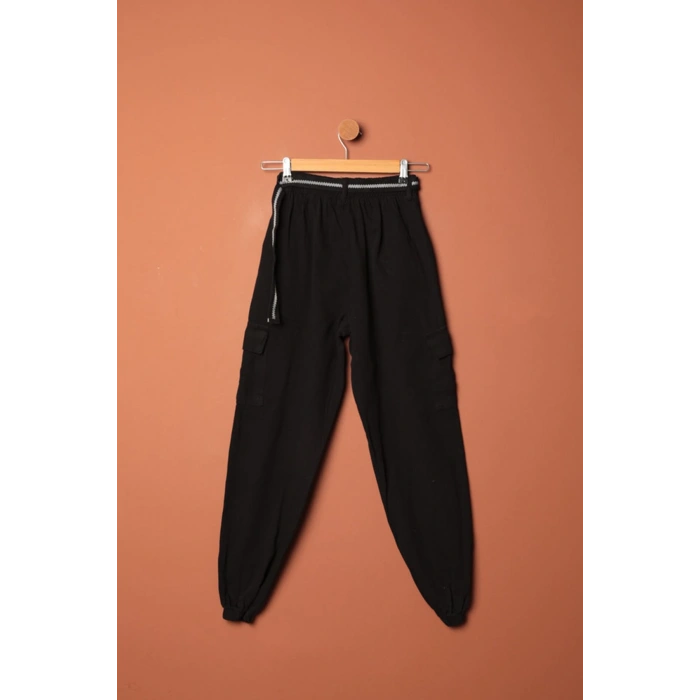 Gabardin Kumaş Kemerli Kargo Kadın Pantolon-Siyah