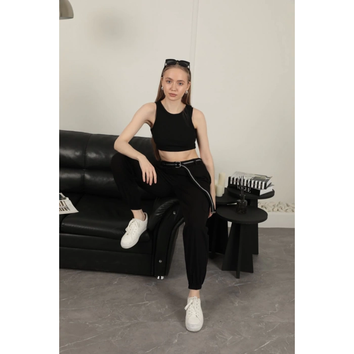 Gabardin Kumaş Kemerli Kargo Kadın Pantolon-Siyah