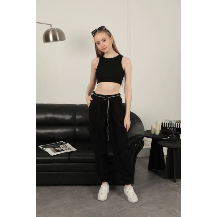 Gabardin Kumaş Kemerli Kargo Kadın Pantolon-Siyah