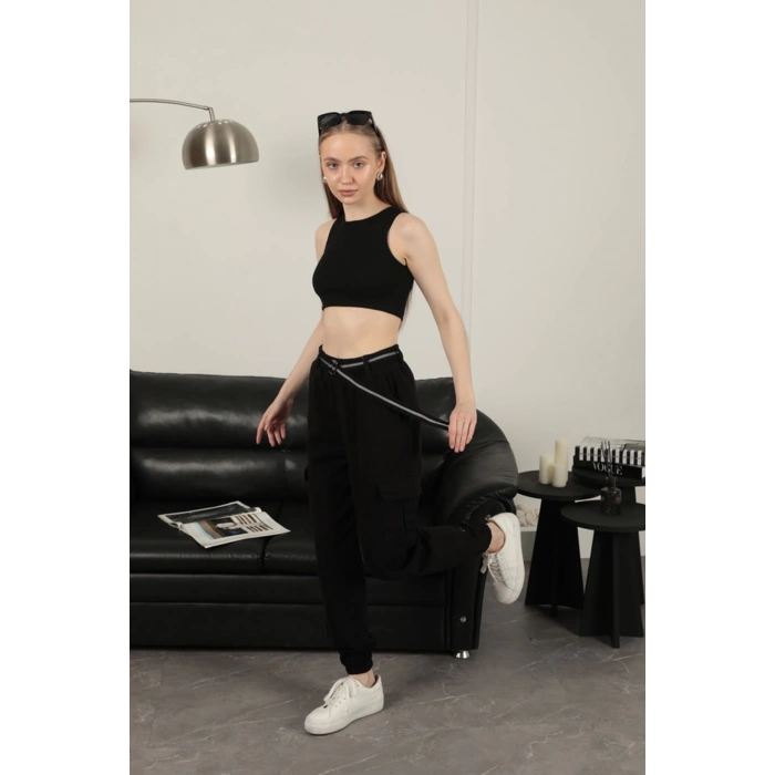 Gabardin Kumaş Kemerli Kargo Kadın Pantolon-Siyah