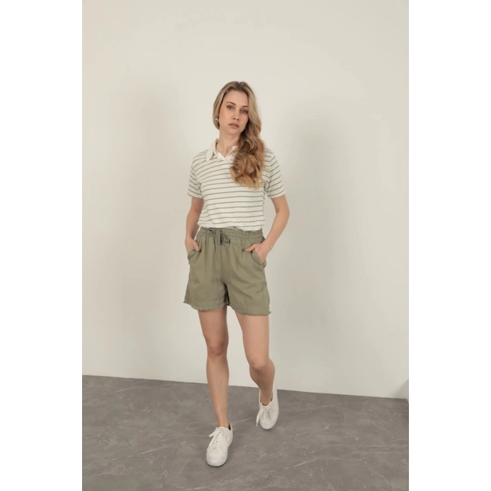 Garbardin Kumaş Püsküllü Kadın Şort-Haki