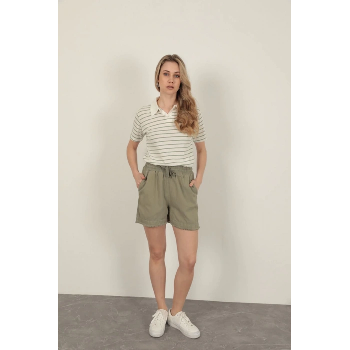 Garbardin Kumaş Püsküllü Kadın Şort-Haki