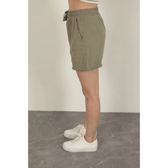 Garbardin Kumaş Püsküllü Kadın Şort-Haki