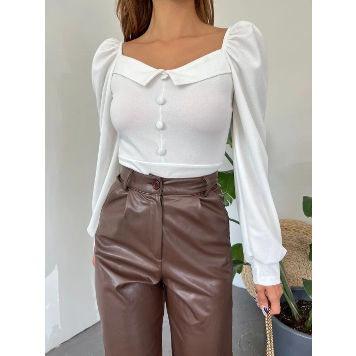 Gömlek Yaka Düğme Detaylı Prenses Kol Crep Bluz