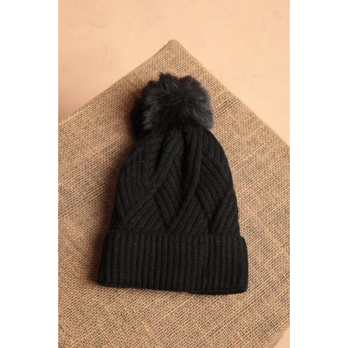 İçi Polarlı Kadın Siyah Örgü Bere