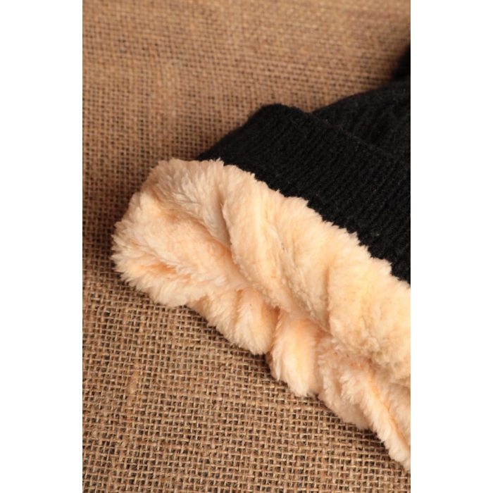 İçi Polarlı Kadın Siyah Örgü Bere