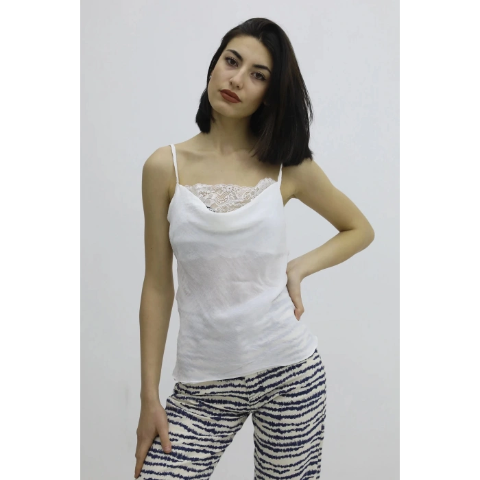 İp Askılı Dantel İşlemeli Bluz Ekru - P-019808