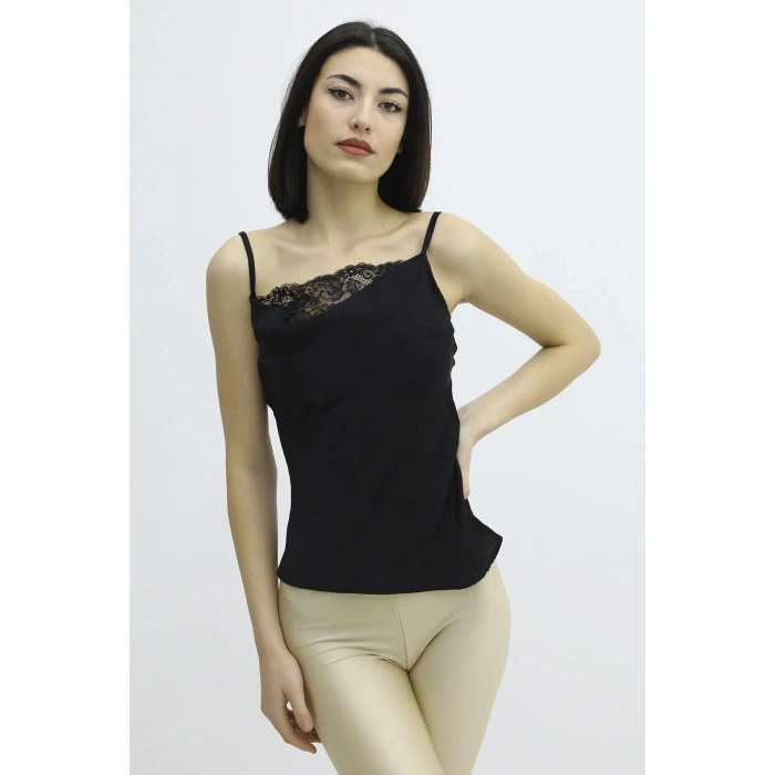 İp Askılı Dantel İşlemeli Bluz Siyah - P-019808