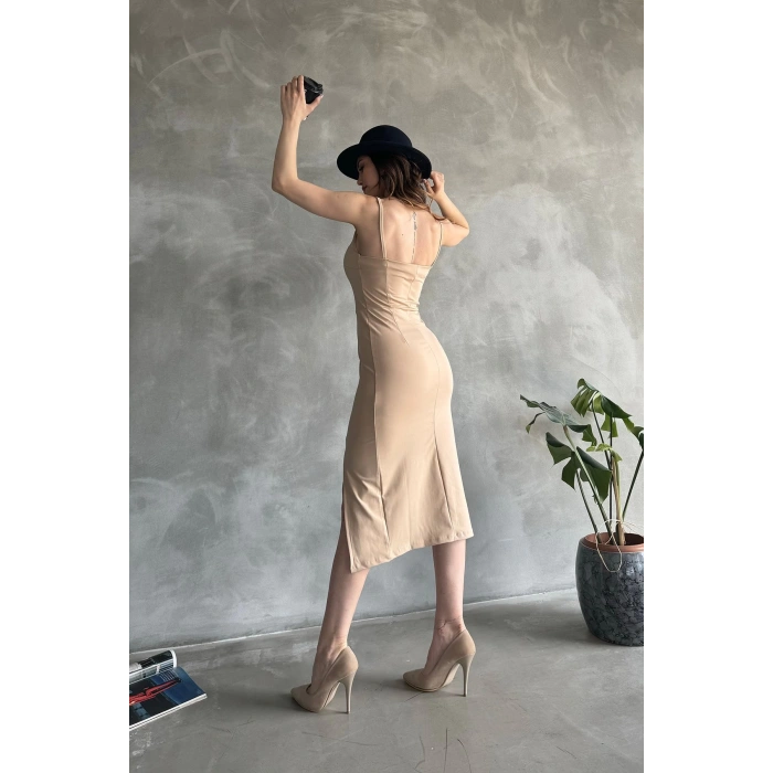 İp Askılı Yırtmaç Detaylı Midi Boy Dalgıç Elbise