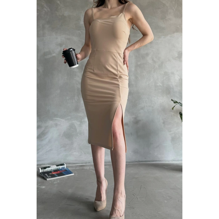 İp Askılı Yırtmaç Detaylı Midi Boy Dalgıç Elbise