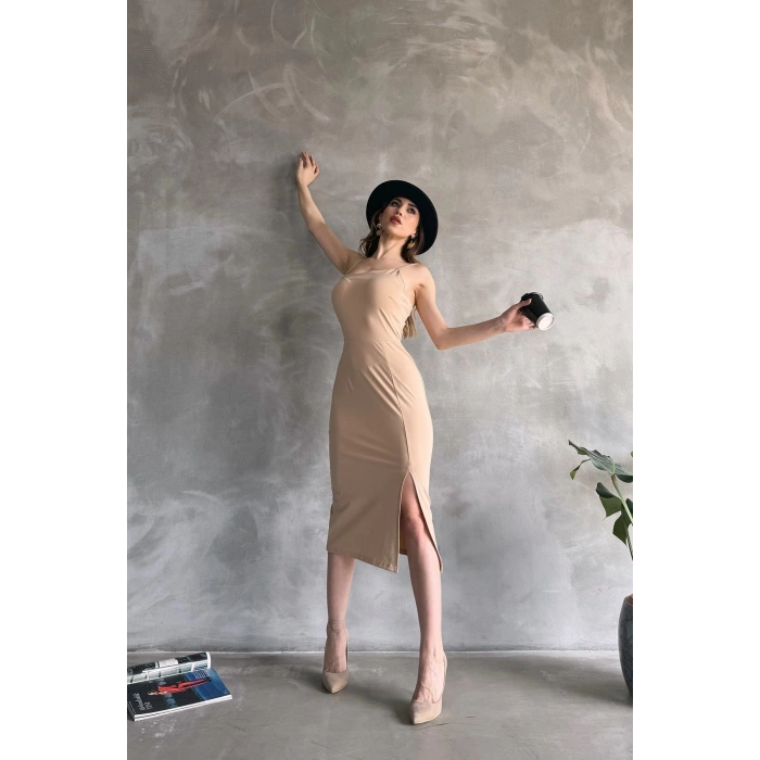 İp Askılı Yırtmaç Detaylı Midi Boy Dalgıç Elbise