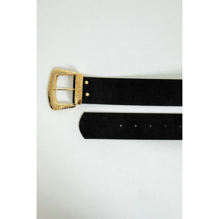 İşleme Detay Süet Kadın Kemer-Siyah