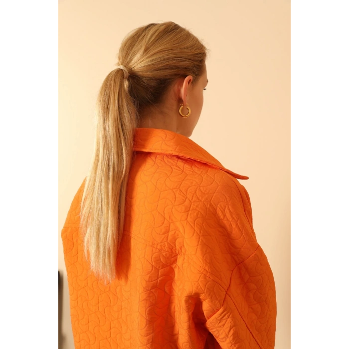 Jakar Kumaş Geometrik Desen Oversize Kadın Gömlek-Oranj