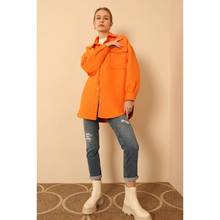 Jakar Kumaş Geometrik Desen Oversize Kadın Gömlek-Oranj
