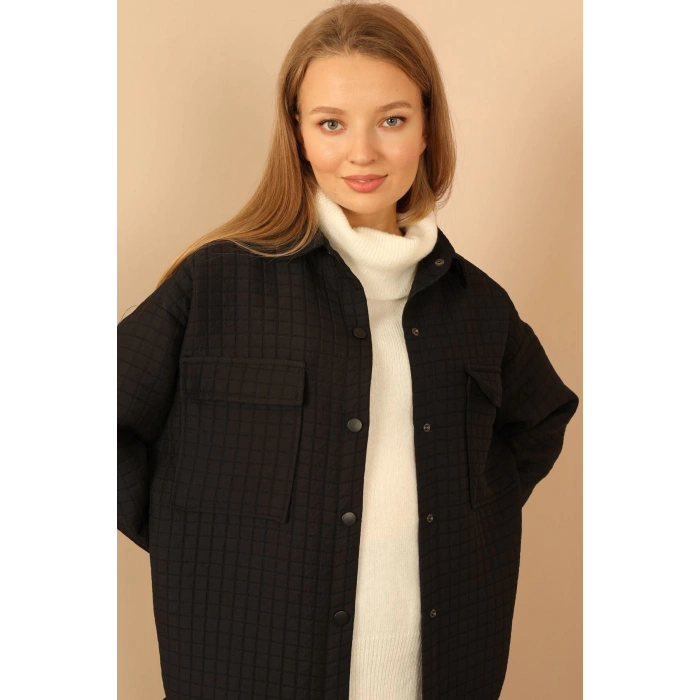 Jakar Kumaş Küçük Kare Desen Oversize Kadın Gömlek-Siyah