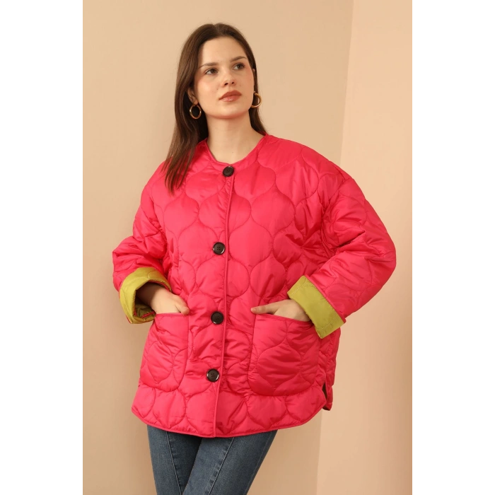 Jesica Kumaş  Soğan Desen Kapitone Kadın Mont-FUŞYA