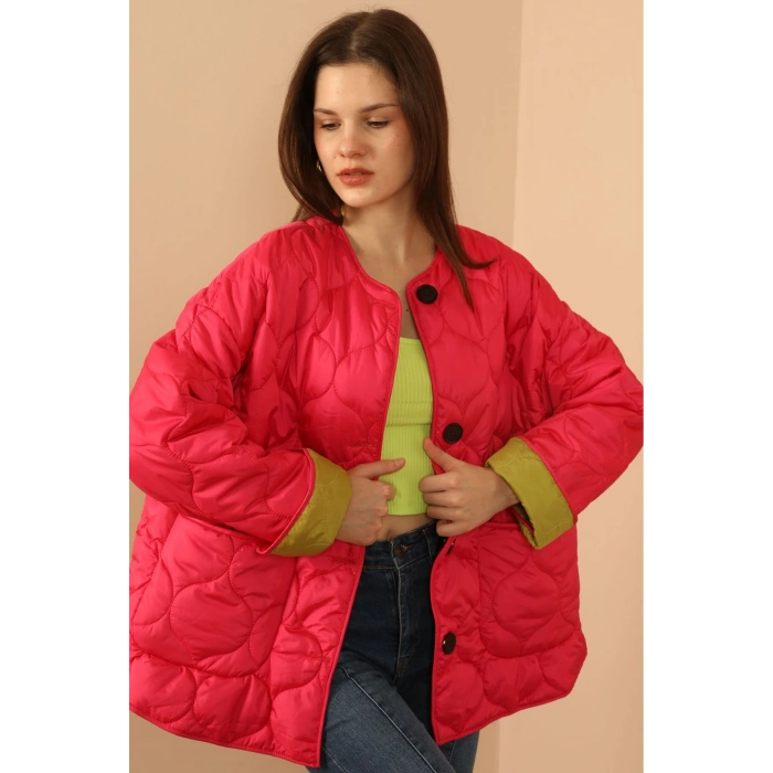 Jesica Kumaş  Soğan Desen Kapitone Kadın Mont-FUŞYA