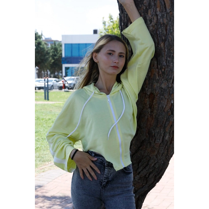 Kapşonlu Yan Dekolteli Sweat Sarı - P-019669