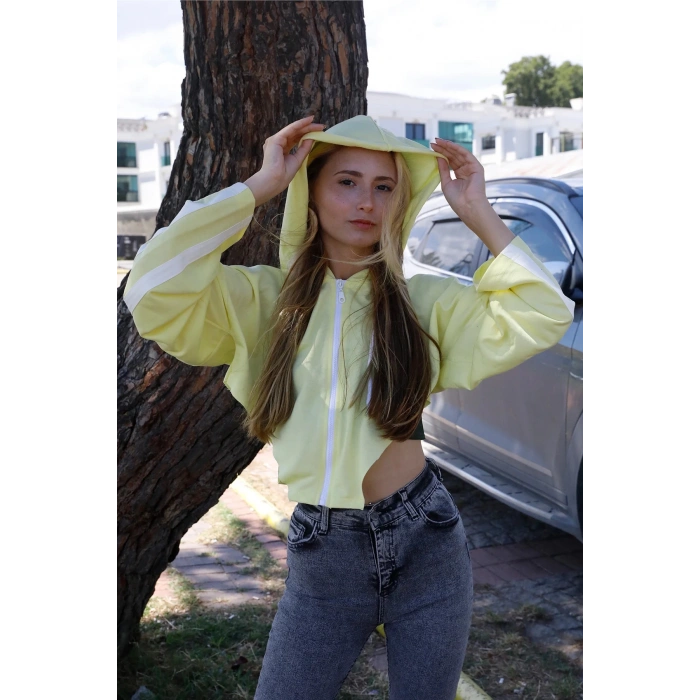 Kapşonlu Yan Dekolteli Sweat Sarı - P-019669