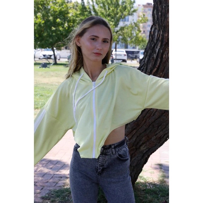 Kapşonlu Yan Dekolteli Sweat Sarı - P-019669