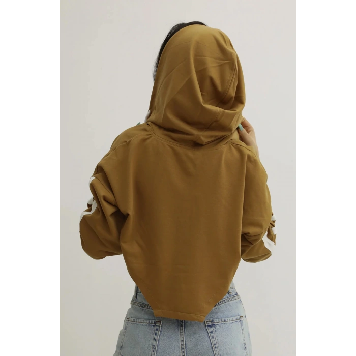 Kapşonlu Yan Dekolteli Sweat Taba - P-019669