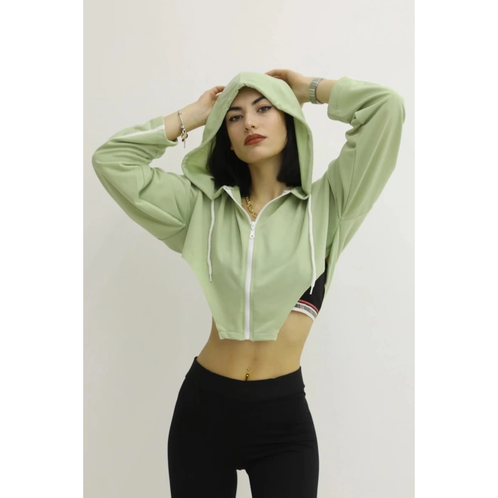 Kapşonlu Yan Dekolteli Sweat Yeşil - P-019669
