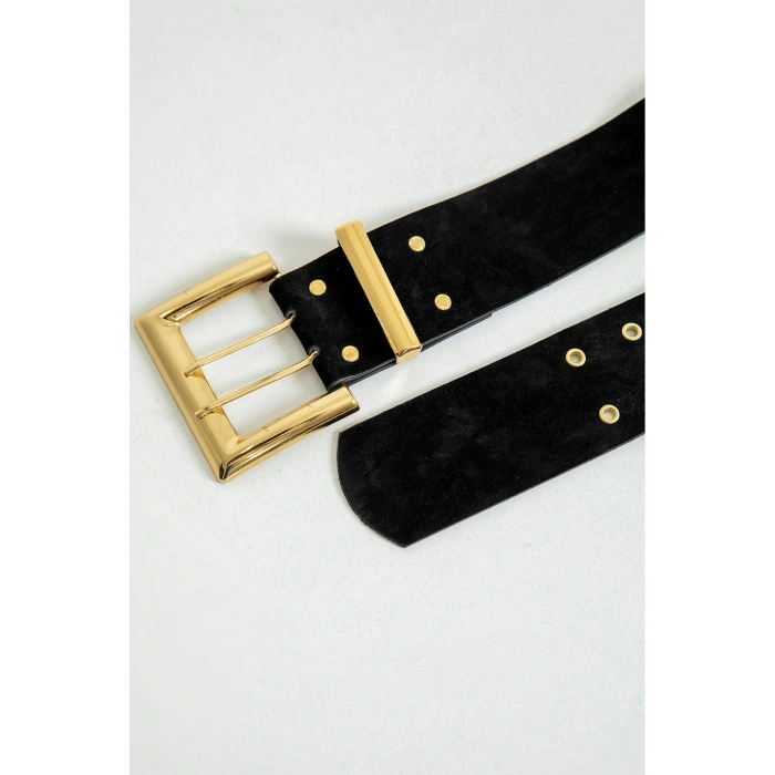 Kare Tokalı Çift Dilli Deri Kadın Kemer-Siyah