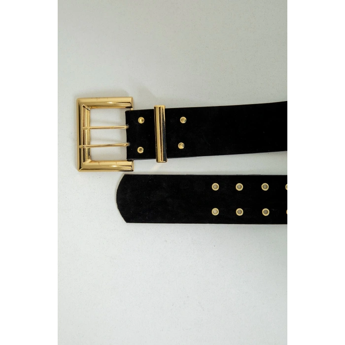 Kare Tokalı Çift Dilli Deri Kadın Kemer-Siyah