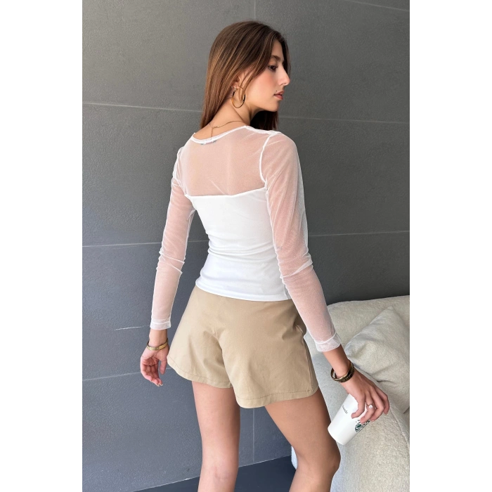 Kare Yaka Tül Detaylı Bluz