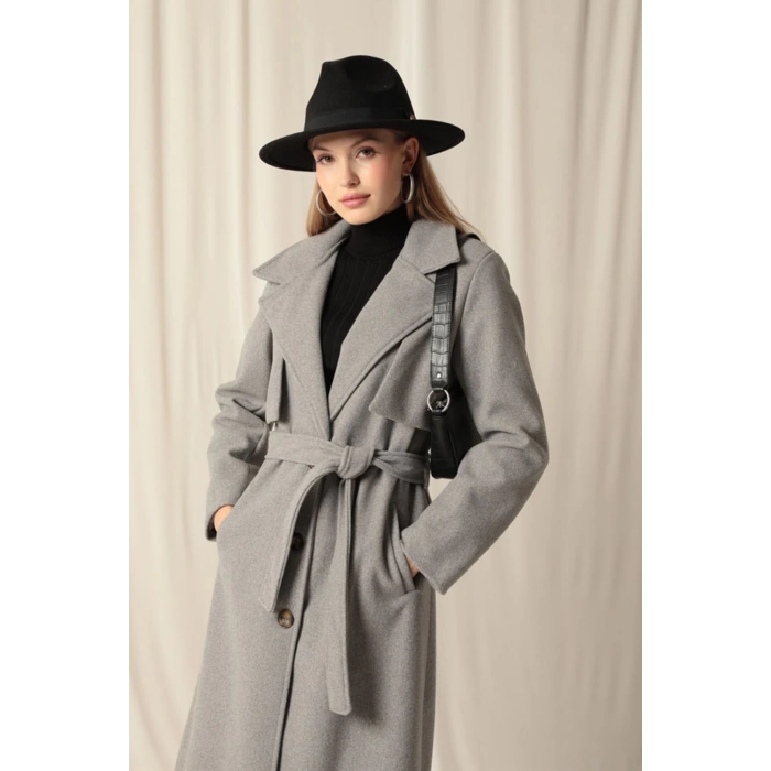 Kaşe Kumaş Allerli Kadın Gri Kaban