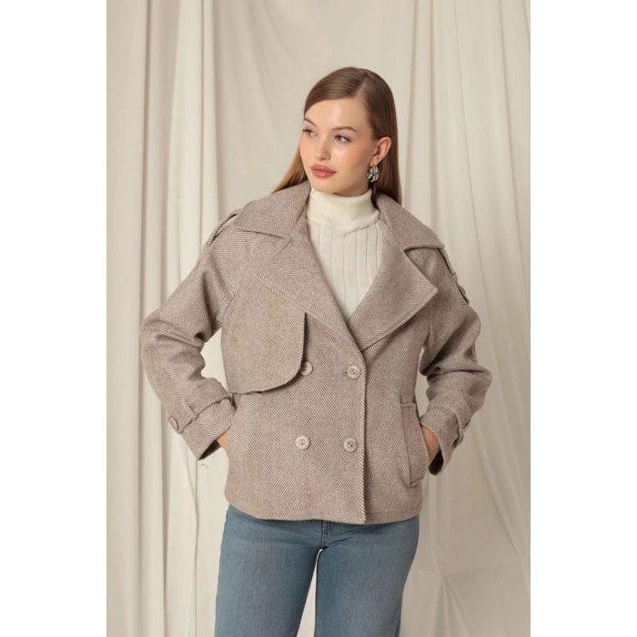 Kaşe Kumaş Balıksırtı Desen Kısa Kadın Vizon Kaban